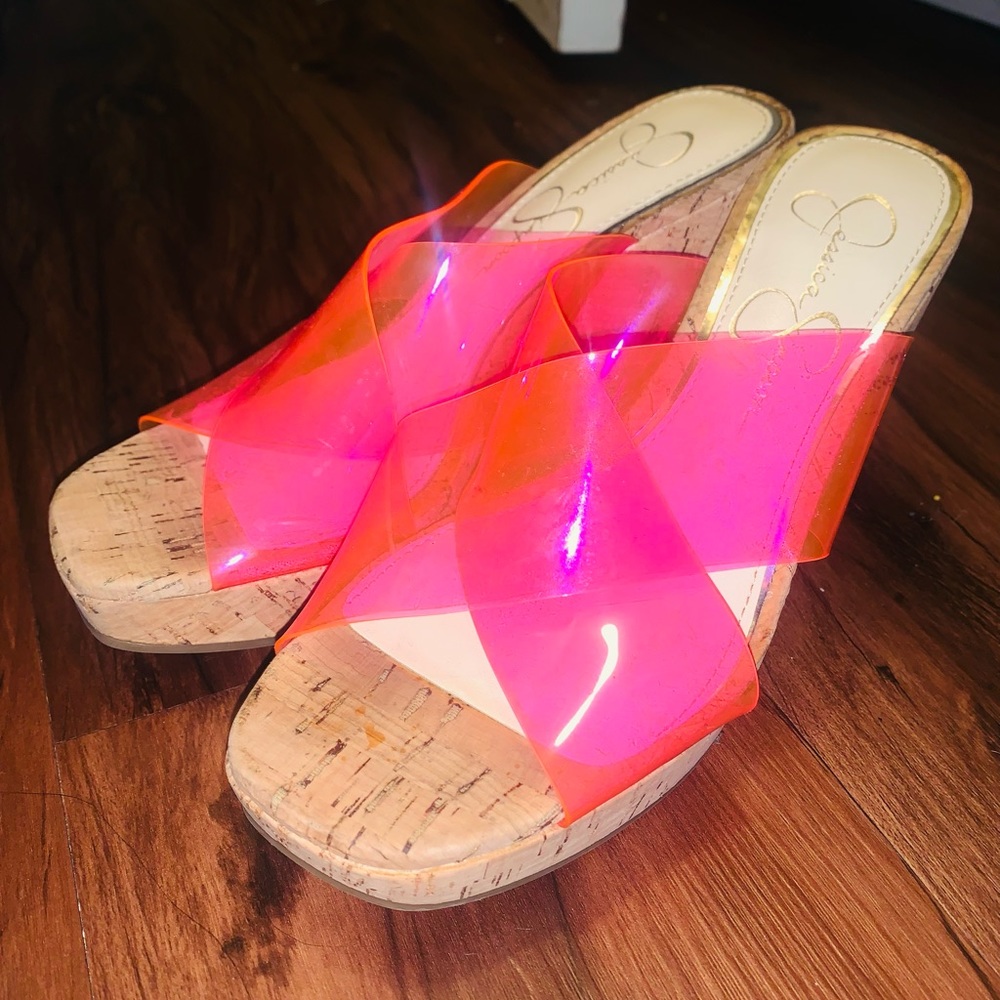 Jessica Simpson Size 5.5 Pink Transparent Strappy Cork Wedges / Heels